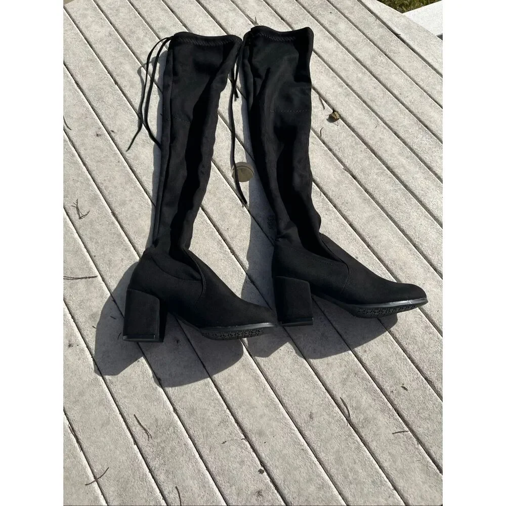 Black Velvet Over The Knee Boots Block Heel Size 7 New Sexy Chic OTK